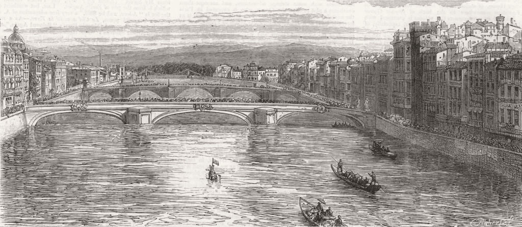 FLORENCE. Capt Boyton's Voyage start, Ponte Vecchio 1877 old antique print